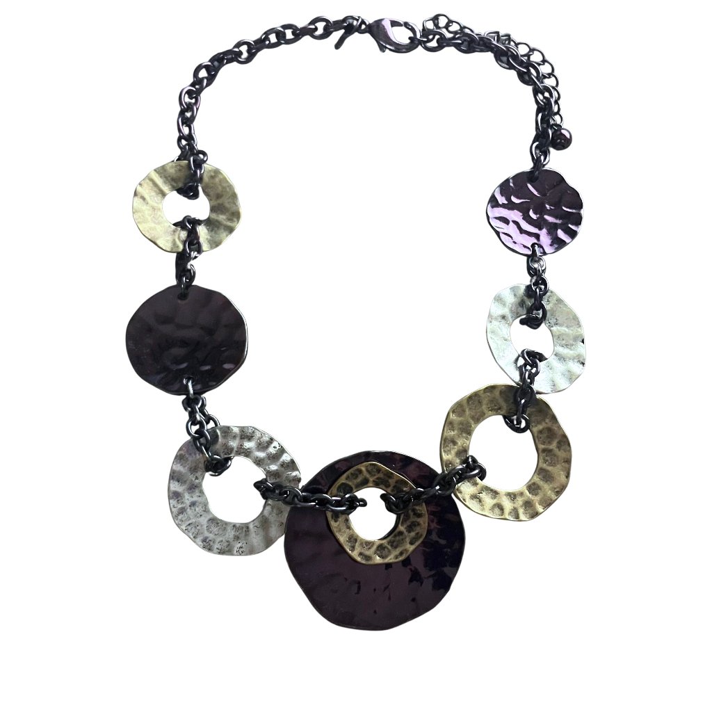 Mixed Metal Boho Statement Necklace Signed Laura Ashley Purple Hammered 15-18”